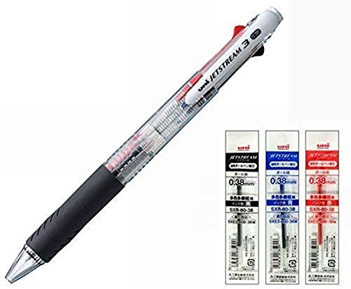 Uni Ballpoint Pen Jetstream 3 Color Black Red Blue Ink 0.38mm Transparent (SXE340038.T)+ 0.38 3 Color Refill