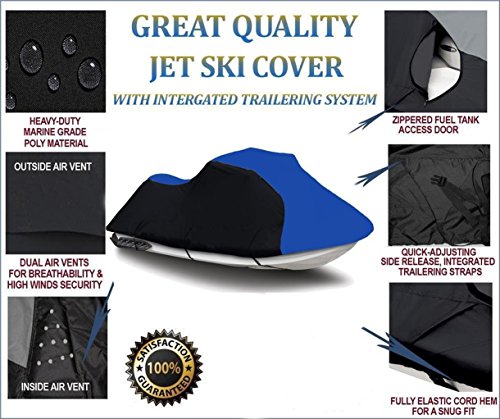 Black/Blue Heavy-Duty, PWC 600D Jet SKI Cover Compatible for Kawasaki STX-15F / JT1500A9F 2009 2010 2011 2012 2013 2014 2015 2016 2017 2018 2019 2020