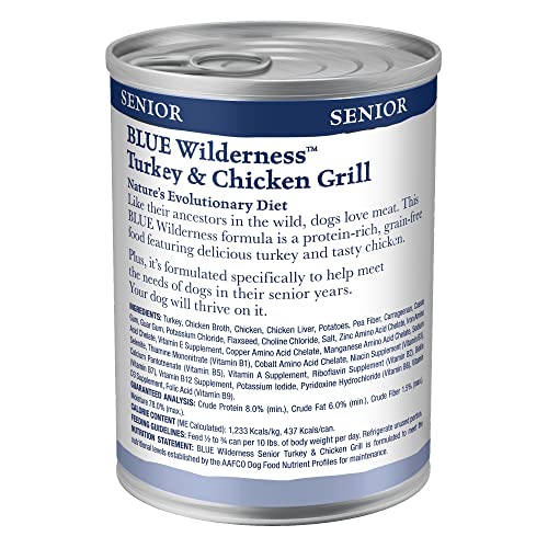 Blue Buffalo Wilderness High Protein, Natural Senior Wet Dog Food, Turkey & Chicken Grill 12.5-oz cans (Pack of 12)