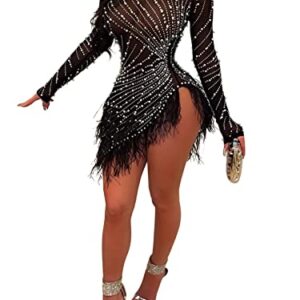 Uni Clau Women Sexy Rhinestone Hot Drilling Long Sleeve Dress Mesh See Through Tassels Bodycon Party Club Night Out Mini Dress Black XL