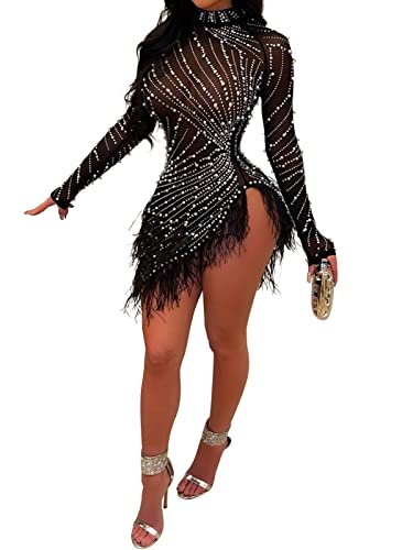 Uni Clau Women Sexy Rhinestone Hot Drilling Long Sleeve Dress Mesh See Through Tassels Bodycon Party Club Night Out Mini Dress Black XL