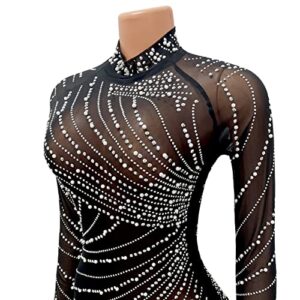 Uni Clau Women Sexy Rhinestone Hot Drilling Long Sleeve Dress Mesh See Through Tassels Bodycon Party Club Night Out Mini Dress Black XL