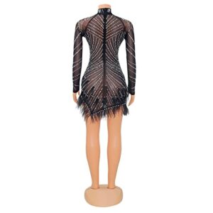 Uni Clau Women Sexy Rhinestone Hot Drilling Long Sleeve Dress Mesh See Through Tassels Bodycon Party Club Night Out Mini Dress Black XL