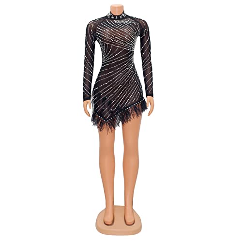 Uni Clau Women Sexy Rhinestone Hot Drilling Long Sleeve Dress Mesh See Through Tassels Bodycon Party Club Night Out Mini Dress Black XL