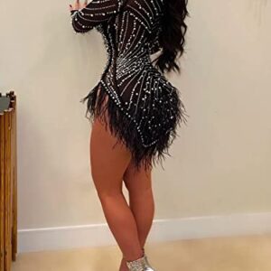 Uni Clau Women Sexy Rhinestone Hot Drilling Long Sleeve Dress Mesh See Through Tassels Bodycon Party Club Night Out Mini Dress Black XL