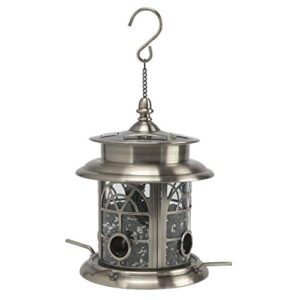 sun-ray 811016 arch inlay solar lighted bird feeder hanging lantern – silver/pewter