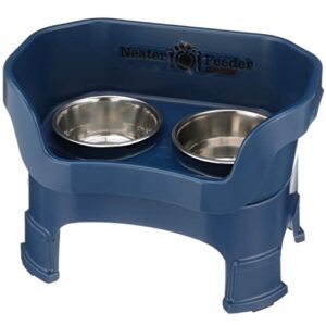 neater feeder deluxe with leg extensions for medium dogs – mess proof pet feeder with stainless steel food & water bowls – drip proof, non-tip, and non-slip – dark blue