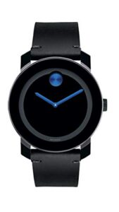 movado men’s bold tr90 watch with sunray dot and leather strap, black/blue (model 3600307)
