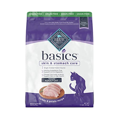 Blue Buffalo Basics Skin & Stomach Care Grain Free, Natural Indoor Adult Dry Cat Food, Turkey & Potato 11-lb