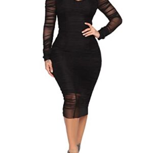 Uni Clau Women Sexy V Neck Mesh Long Sleeve Mini Dress See Through Party Night Clubwear Ruched Bodycon Dress Black 2XL
