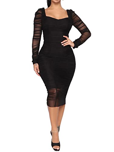 Uni Clau Women Sexy V Neck Mesh Long Sleeve Mini Dress See Through Party Night Clubwear Ruched Bodycon Dress Black 2XL