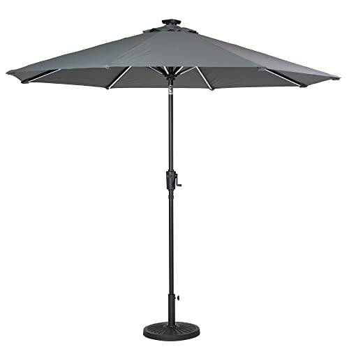 Sun-Ray 811028G 9' Round 8-Rib Next Gen Solar Lighted Patio Umbrella 32 LED Lights, Crank and Tilt, Aluminum Frame, Grey