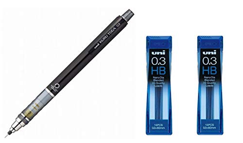 Uni Kurutoga Mechanical Pencil Standard 0.3mm Black (M34501P.24)+ Uni NanoDia Mechanical Pencil 0.3 mm Lead HB x 2 Set