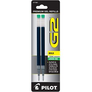 pilot g2 gel ink refills for rolling ball pens, bold point, green ink, 2-pack (77361)
