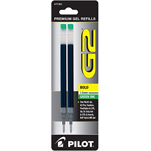 PILOT G2 Gel Ink Refills For Rolling Ball Pens, Bold Point, Green Ink, 2-Pack (77361)