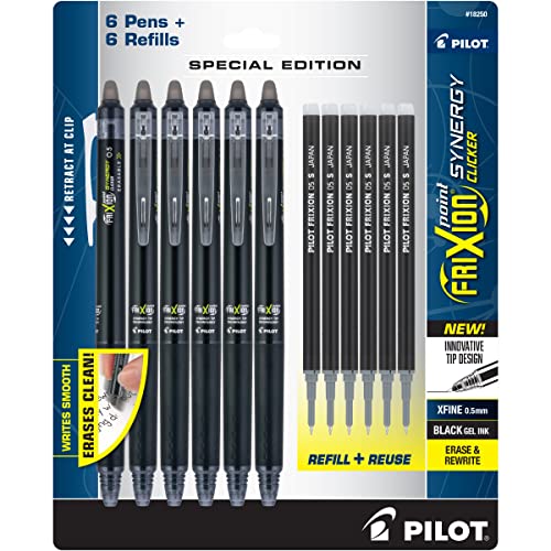 PILOT Frixion Synergy Clicker Erasable Pens, Retractable and Refillable, 0.5mm Extra Fine Point, 6 Pack of Black Ink Pens + 6 Refills