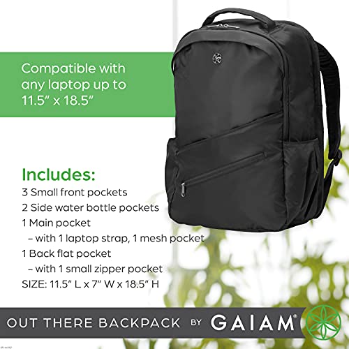 Gaiam Out There Yoga and Fitness Backpack - Gym and Travel Essentials Bag with Multiple Zippered Pockets, Padded Laptop Compartment, and Adjustable Padded Shoulder Straps - Black, 19"H x 13"W