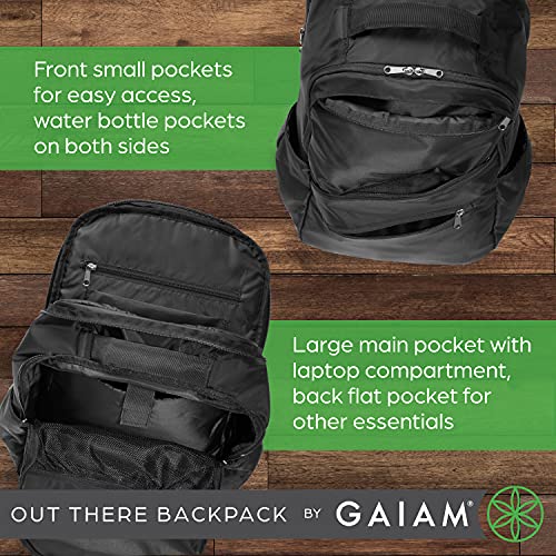 Gaiam Out There Yoga and Fitness Backpack - Gym and Travel Essentials Bag with Multiple Zippered Pockets, Padded Laptop Compartment, and Adjustable Padded Shoulder Straps - Black, 19"H x 13"W