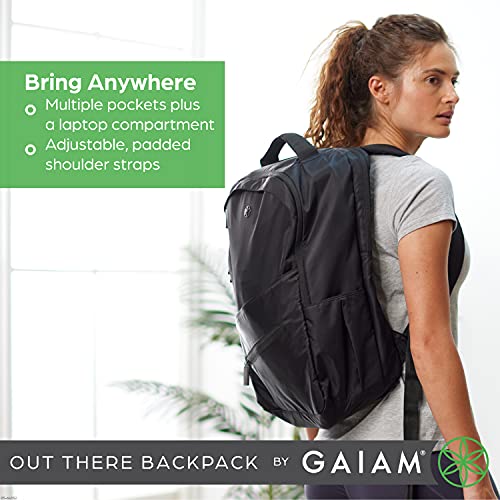 Gaiam Out There Yoga and Fitness Backpack - Gym and Travel Essentials Bag with Multiple Zippered Pockets, Padded Laptop Compartment, and Adjustable Padded Shoulder Straps - Black, 19"H x 13"W