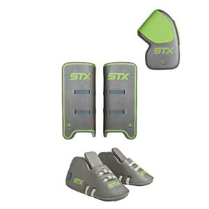 stx field hockey deny youth goalie set with goalie gloves, kickers and leg guards, one size, gray