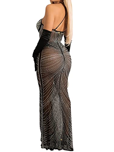 Uni Clau Women Sexy V Neck Halter Spaghetti Straps Rhinestone Hot Drilling Dress Mesh See Through Bodycon Party Club Night Out Maxi Dress Black M