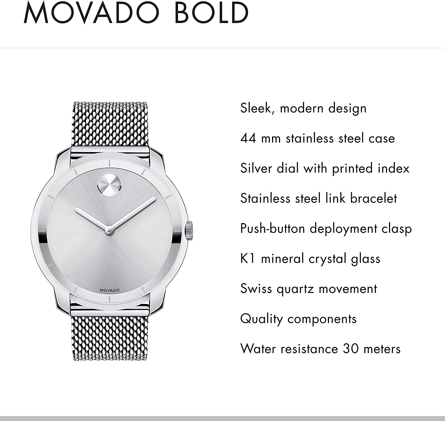 Movado Men's BOLD Thin Stainless Steel Watch with a Printed Index Dial, Silver (Model 3600260)