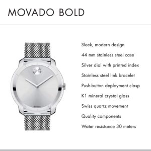 Movado Men's BOLD Thin Stainless Steel Watch with a Printed Index Dial, Silver (Model 3600260)