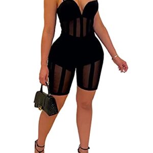 Uni Clau Women Sexy Halter Camisole Mesh Patchwork Jumpsuit See Through Bodycon Short Pants Party Club Romper Black 2XL