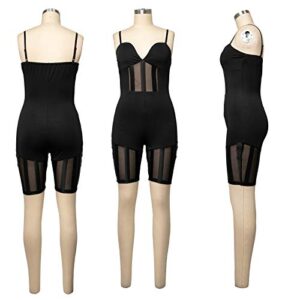 Uni Clau Women Sexy Halter Camisole Mesh Patchwork Jumpsuit See Through Bodycon Short Pants Party Club Romper Black 2XL