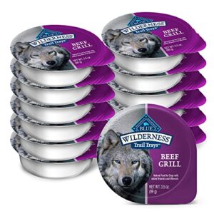 blue buffalo wilderness trail trays high protein, natural adult wet dog food cups, beef grill 3.5-oz (pack of 12)