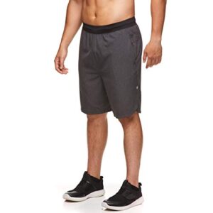 gaiam men’s yoga shorts – performance heather gym & workout short w/ pockets – karma downward dog black heather, small