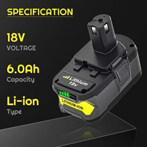 2-Pack 18 Volt P108 Battery Replacement for Ryobi 18V Lithium-Ion 6.0 Ah Battery P109 P107 P105 P104 P103 P102 P190 with LED Indicator