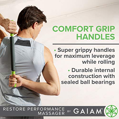 Gaiam Restore Massage Stick Roller - 19" Foam Cushioned Performance Hand Held Muscle Massager | Comfort Grip Handles | Solid Steel Construction