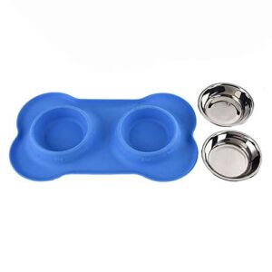fuuie bowls for food and water silicone bone double dog bowl pet pad pet feeding bowl non-slip leakproof dual-use pet mat black and blue (color : blue)