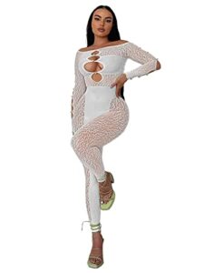 uni clau women off shoulder bodycon jumpsuit sexy long sleeve mesh sheer long pant set romper see-through playsuit white m