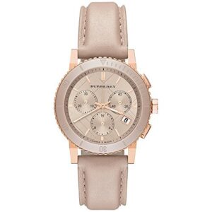 Burberry The City Swiss Luxury Ceramic Women 38mm Round Rose Gold Chronograph Watch Nude Leather Band Nude Sunray Date Dial BU9704