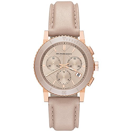 Burberry The City Swiss Luxury Ceramic Women 38mm Round Rose Gold Chronograph Watch Nude Leather Band Nude Sunray Date Dial BU9704