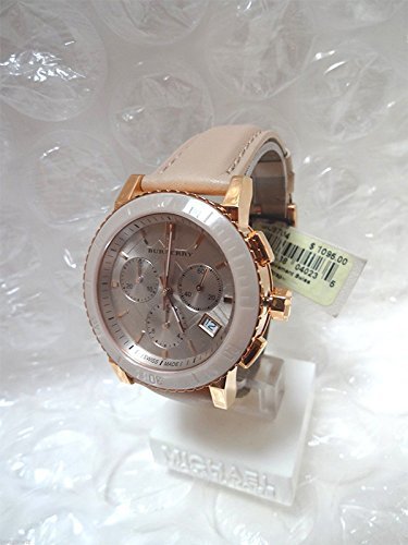 Burberry The City Swiss Luxury Ceramic Women 38mm Round Rose Gold Chronograph Watch Nude Leather Band Nude Sunray Date Dial BU9704