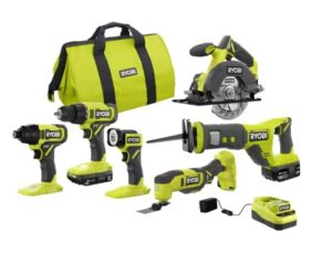ryobi one+ pcl1600k2 18v cordless 6-tool combo kit with 1.5 ah battery, 4.0 ah battery, and charger