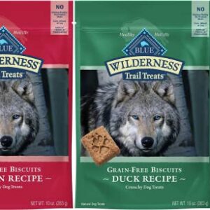 Aurora Pet Variety Pack (2) Blue Wilderness Trail Treats Grain-Free Dog Biscuits (Duck Recipe and Salmon Recipe) 10-oz Each with AuroraPet Wipes