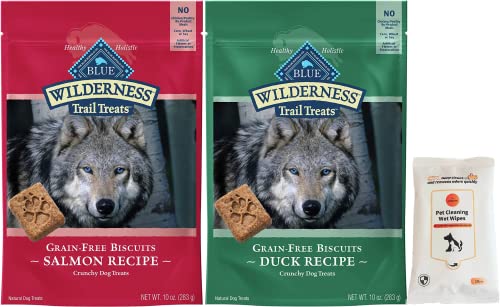 Aurora Pet Variety Pack (2) Blue Wilderness Trail Treats Grain-Free Dog Biscuits (Duck Recipe and Salmon Recipe) 10-oz Each with AuroraPet Wipes