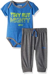 stx fashion baby boys 2 piece creeper and jogger set, heather blue, 3-6 months