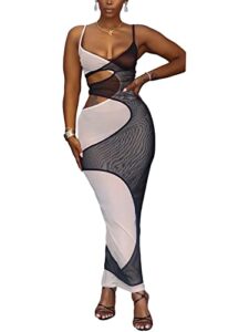 uni clau women sexy sheer mesh dress ruched hollow out layering bodycon long dresses party club wear black