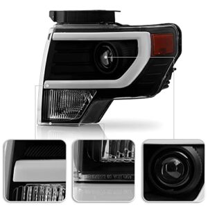 ACANII - For [Halogen Model] 2009-2014 Ford F150 Pickup Black Raptor Style LED Tube Projector Headlights Pair Left+Right