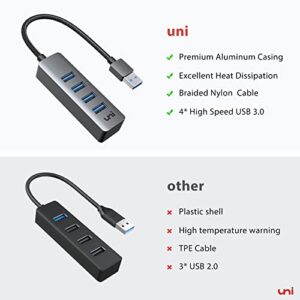 USB Hub, uni 4-Port Hight-Speed USB 3.0 Hub, Portable Aluminum USB Splitter Compatible with PC, Laptops, Mouse, Keyboard, Flash Drive, Mobile HDD, Car, and More.