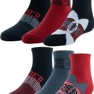 Under Armour Youth Essential Lite Quarter Socks, 6-Pairs , Red/Pitch Gray/Black , Small