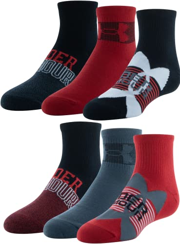 Under Armour Youth Essential Lite Quarter Socks, 6-Pairs , Red/Pitch Gray/Black , Small