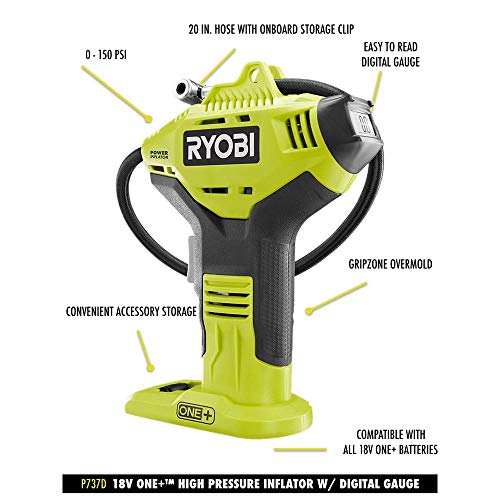 Ryobi P737D 18-Volt ONE+ Cordless High Pressure Inflator with Digital Gauge & 4.0 Ah 18-Volt Lithium-Ion High Capacity Battery (Bulk Packaged)