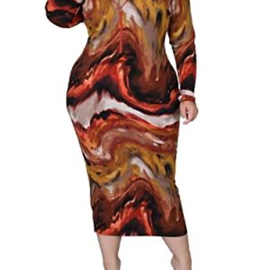 Uni Clau Women Sexy Plus Size Bodycon Dress Floral Print Long Sleeve Midi Dress V Neck Casual Party Dress with Belt Yellow L