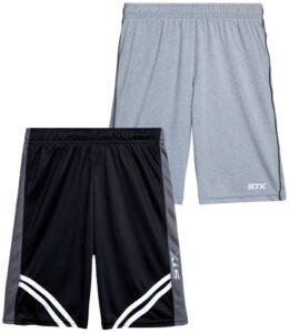 stx boys’ active shorts – 2 pack lightweight athletic shorts (little boy/big boy), size 10/12, black/grey